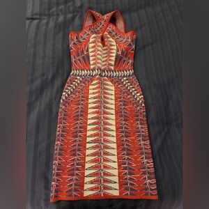 BCBGMaxAzria Red and Blue Geometric Bandage Dress